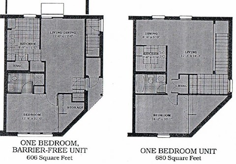 Two floor plans for a one bedroom, barrier-free unit and a one bedroom unit, both measuring 680 square feet.